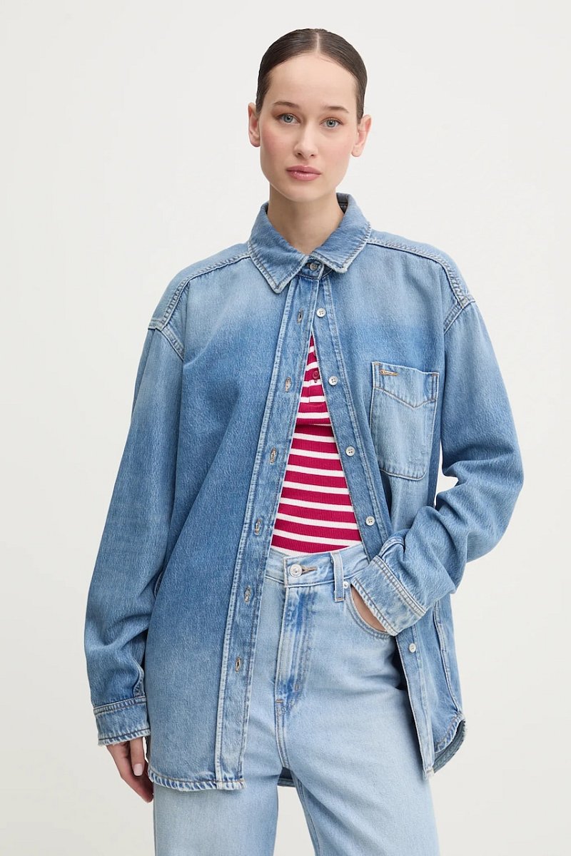 Džínová košile Tommy Jeans dámská, modrá barva, relaxed, s klasickým límcem, DW0DW19855