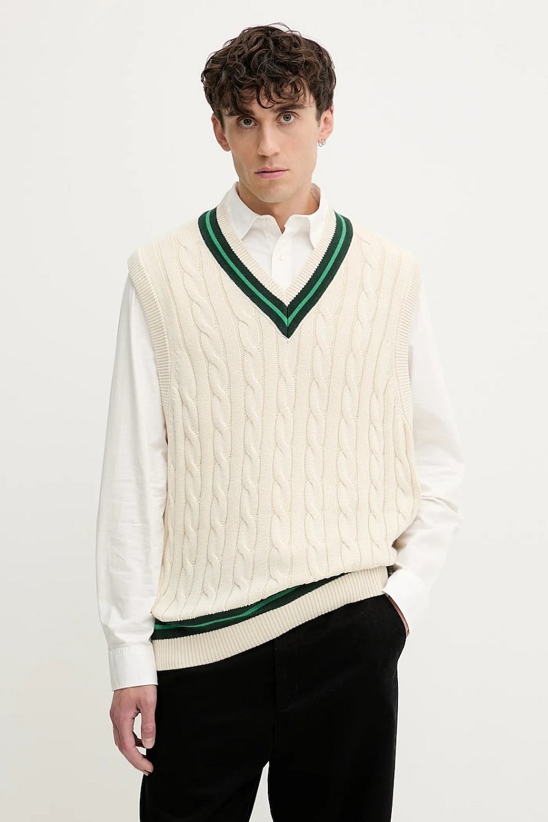 Bavlněná vesta Abercrombie & Fitch pánská, béžová barva, KI120-5140-150