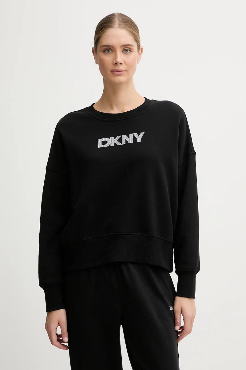 Bavlněná mikina Dkny LOGO TERRY dámská, černá barva, s aplikací, DP5T1370