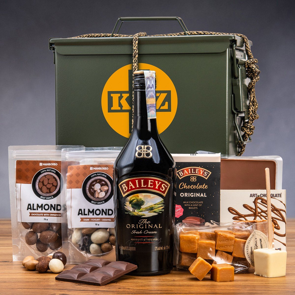 Armyboxeo s Baileys | Dárková muniční bedna | Vánoční dárek pro muže, vojáka, tátu, přítele | Dárek na Vánoce, k narozeninám | Dárkový box, koš | Orig