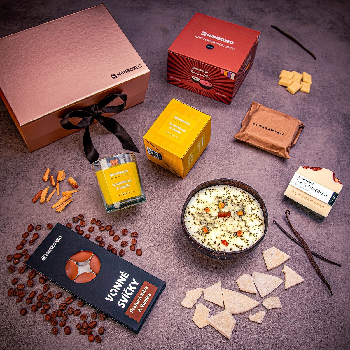 Luxusní box plný kokosu (rose gold) - dárkový box | Dárek k narozeninám, svátku, výročí, vánocům pro muže, ženu | Dárkový koš, box, krabice, krabička,