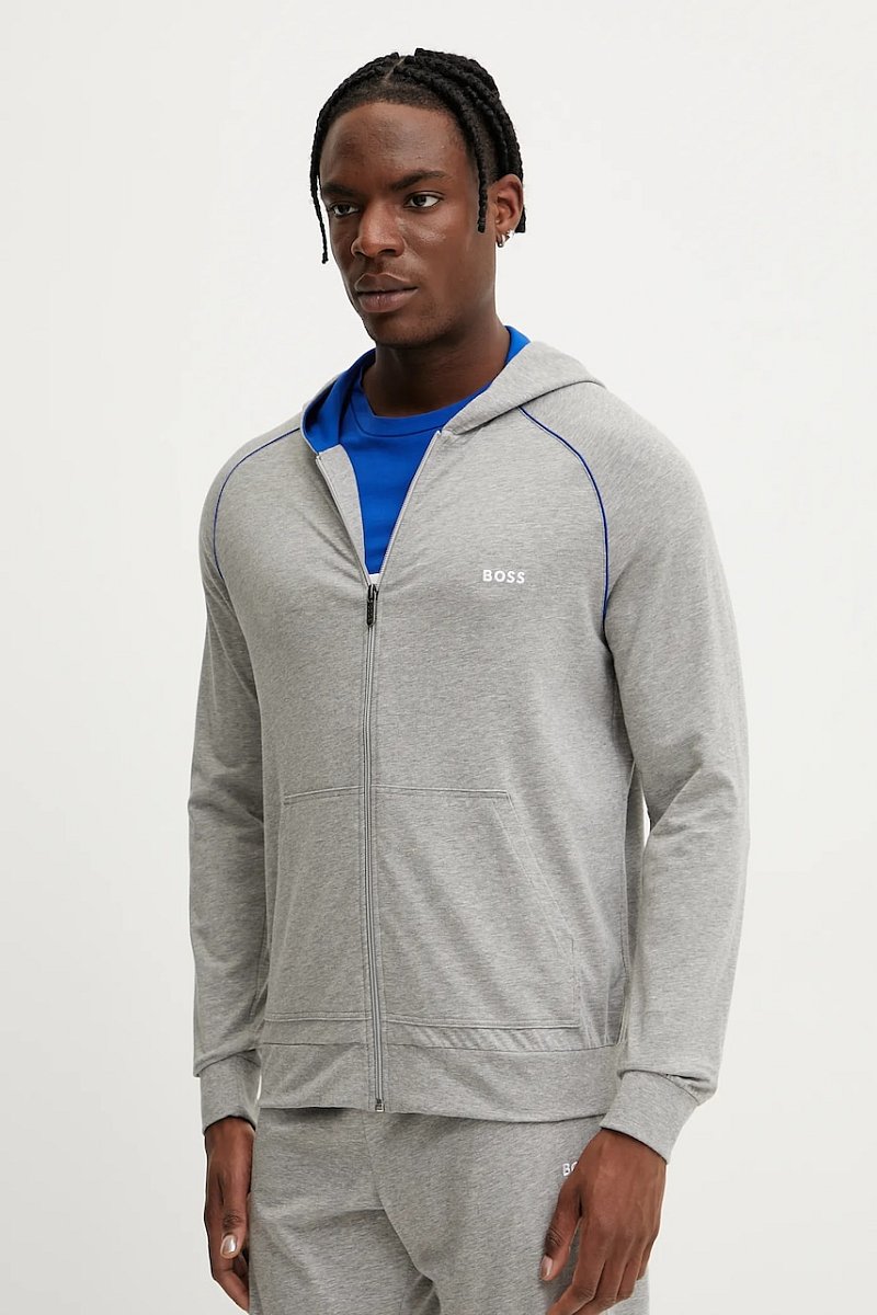 Mikina BOSS šedá barva, s kapucí