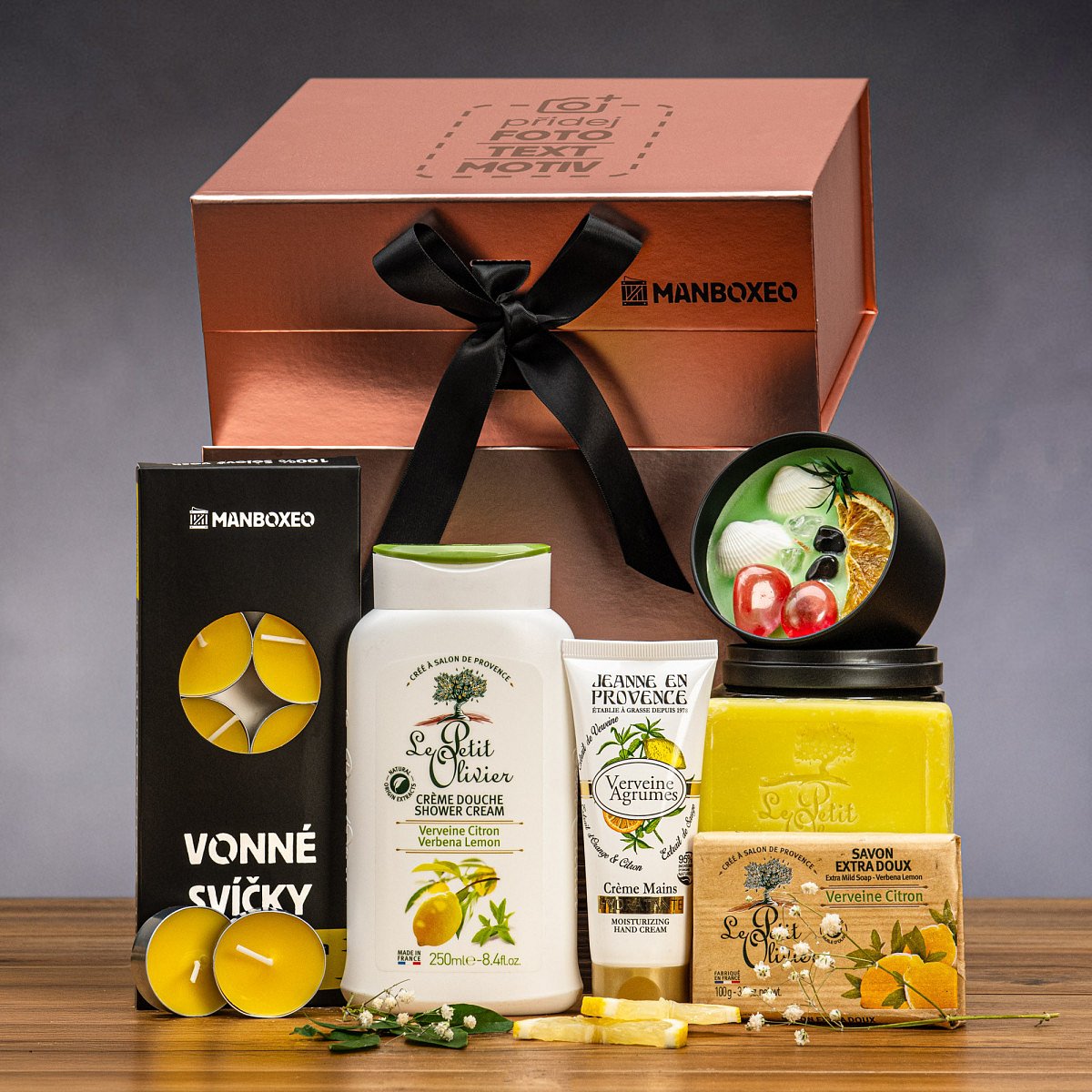 Luxusní box s kosmetikou Citrusy & Verbena (rose gold) - dárkový box | Dárek k narozeninám, svátku, výročí, vánocům pro muže, ženu | Dárkový koš, box,