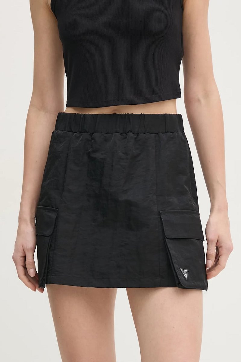 Sukně Guess SYLVIE černá barva, mini, áčková, V5RD07 WGYB0