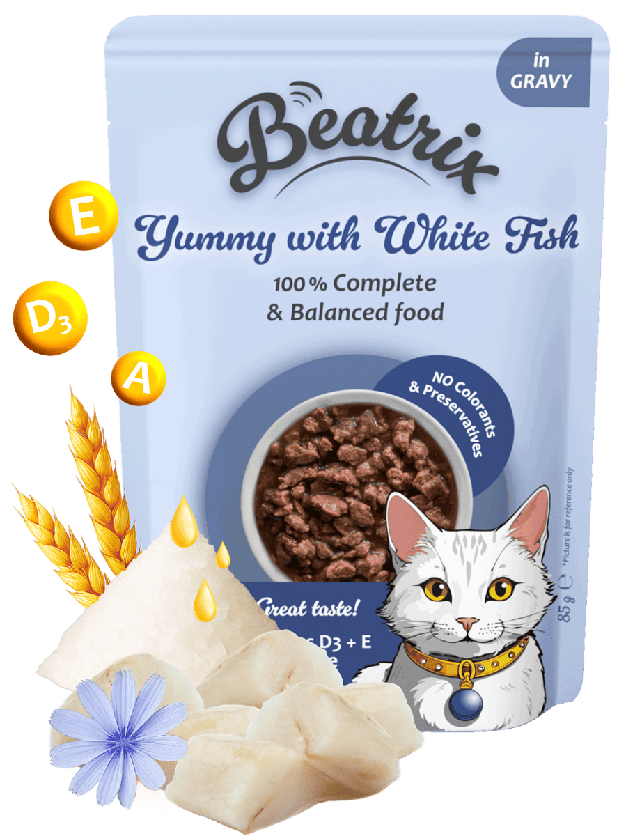 Kapsička Beatrix Adult Cat s bílou rybou 85g