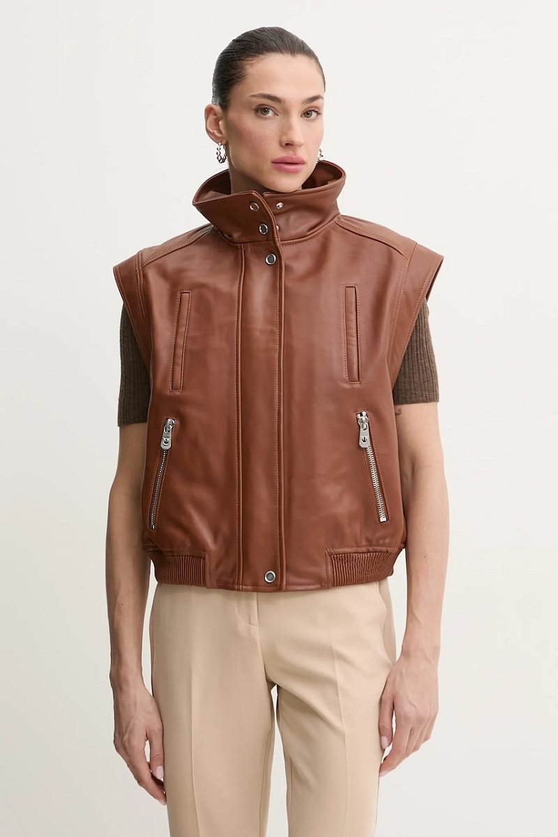 Kožená vesta Pinko hnědá barva, 103898 A21L