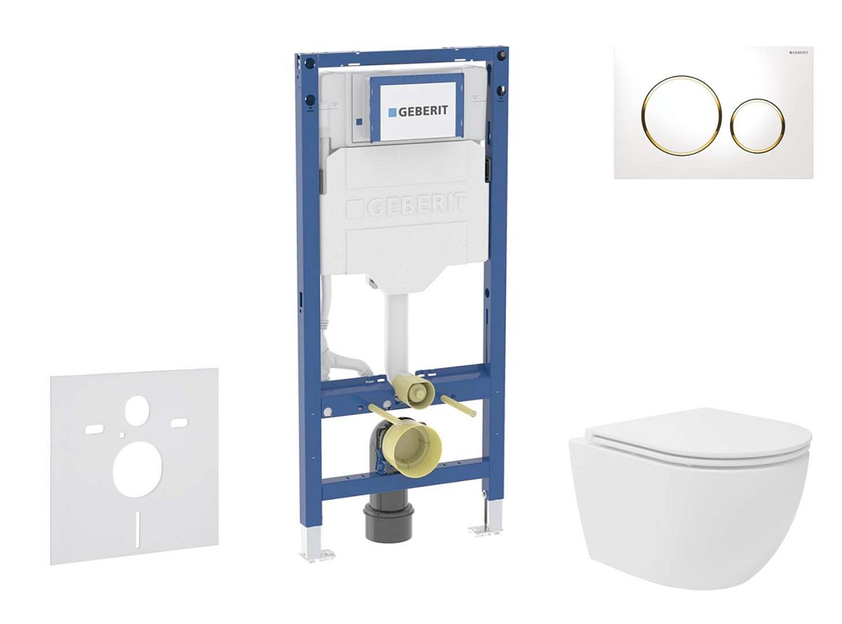 Geberit Duofix - Set předstěnové instalace, kompaktního klozetu Oudee Vortex a sedátka softclose, tlačítko Sigma20, bílá/pozlacená SANI11CA3165B