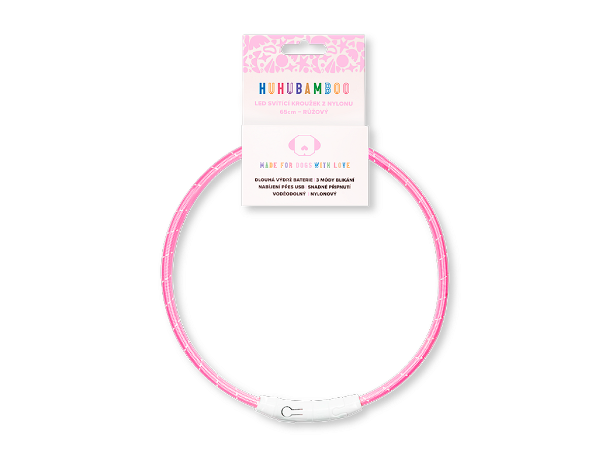 Huhubamboo LED svítící obojek z nylonu růžový 65 cm