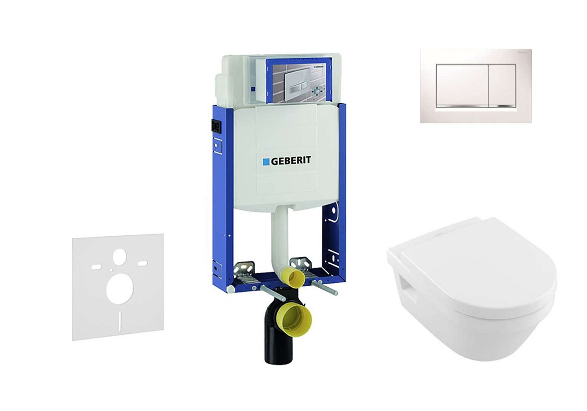 Geberit Kombifix - Set předstěnové instalace, klozetu a sedátka Villeroy & Boch, tlačítka Sigma30, DirectFlush, SoftClose, CeramicPlus, bílá/lesklý ch
