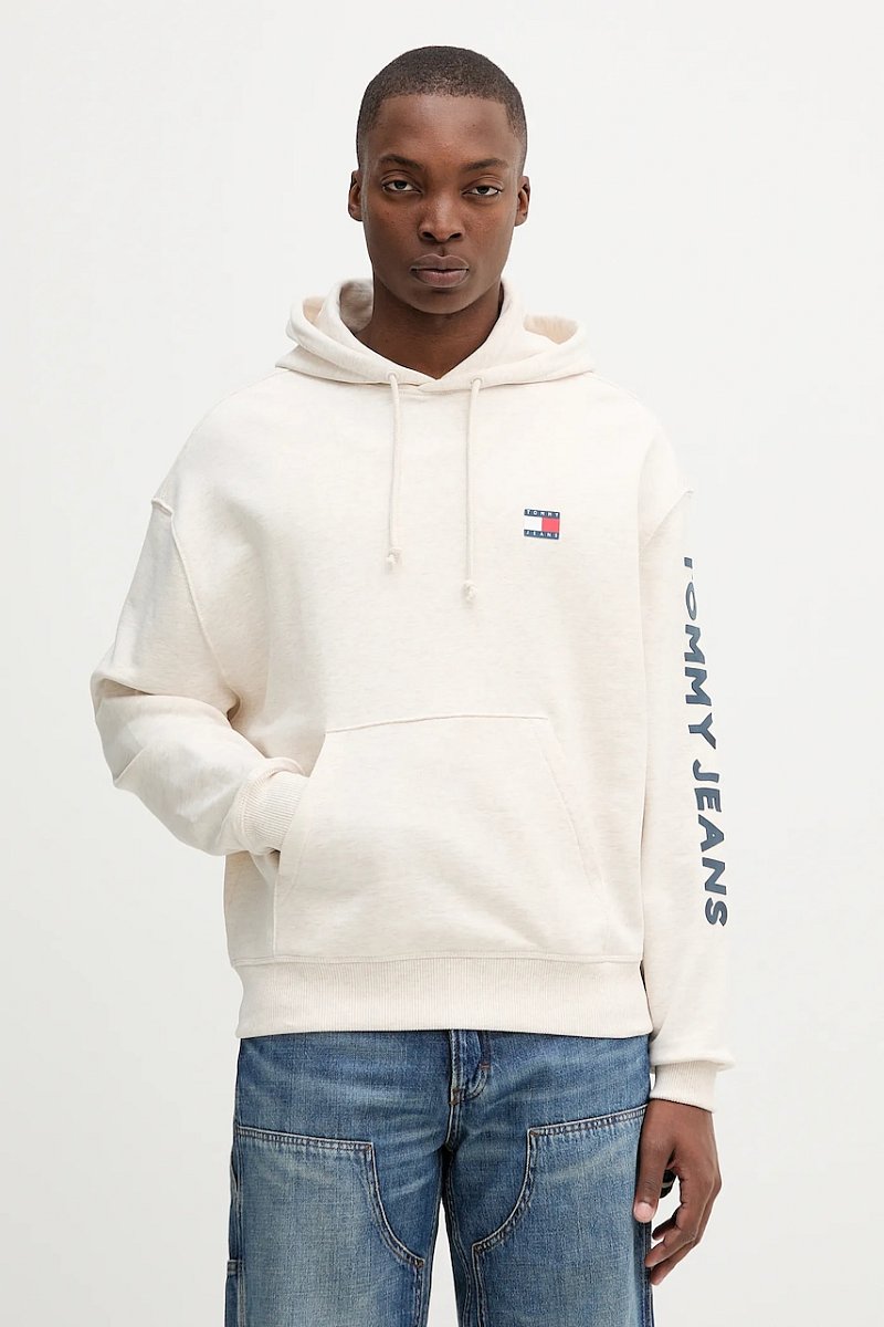 Bavlněná mikina Tommy Jeans pánská, béžová barva, s kapucí, s potiskem, DM0DM21834