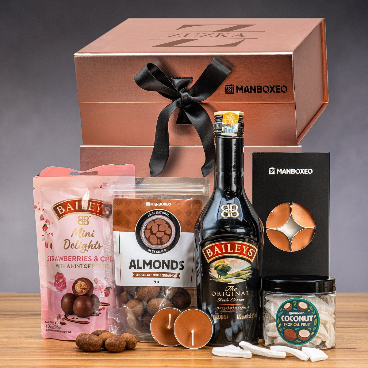 Luxusní box s Baileys (rose gold) - dárkový box | Dárek k narozeninám, svátku, výročí, vánocům pro muže, ženu | Dárkový koš, box, krabice, krabička, b