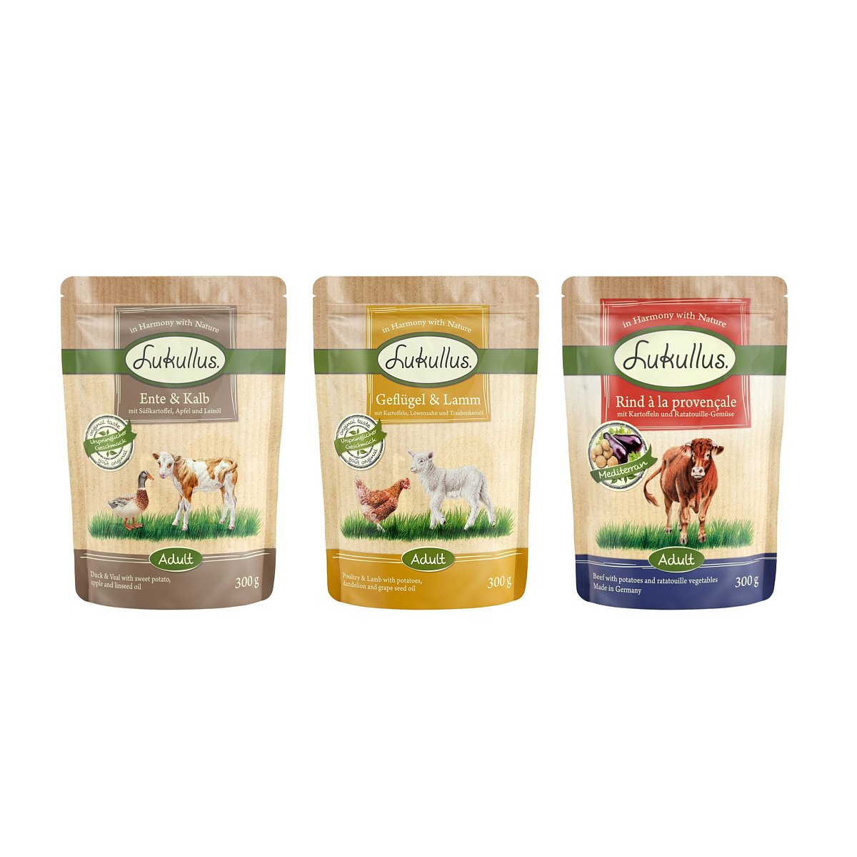 Lukullus Naturkost kapsičky,  6 x 150 g / 300 g - 5 + 1 zdarma! Adult - Smíšené balení bez obilovin 6 x 300g