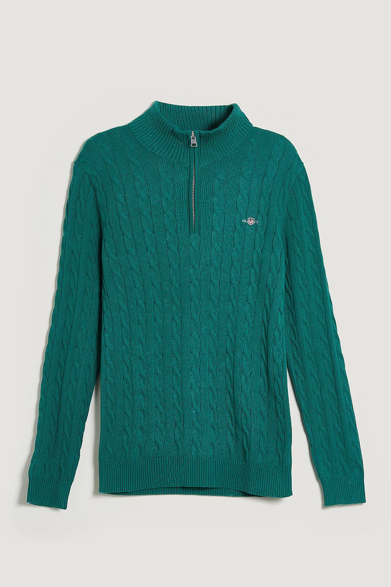SVETR GANT COTTON CABLE HALF ZIP DEEP FOREST GREEN