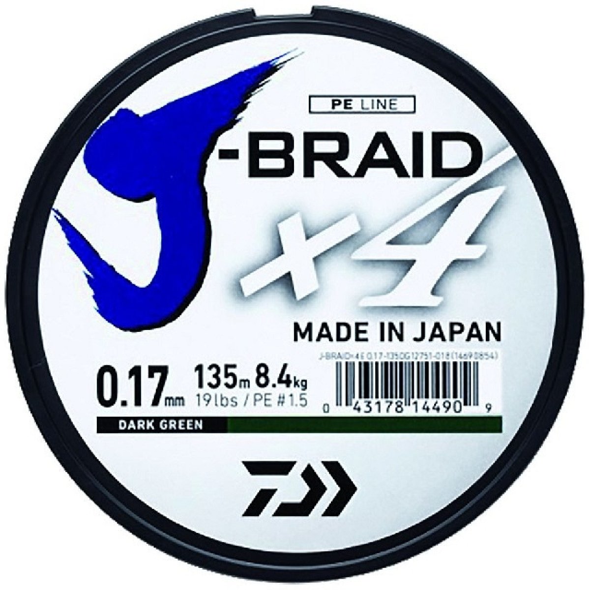 Daiwa splétaná šňůra j-braid 4 tmavě zelená 135 m-průměr 0.07 mm / nosnost 2,6 kg