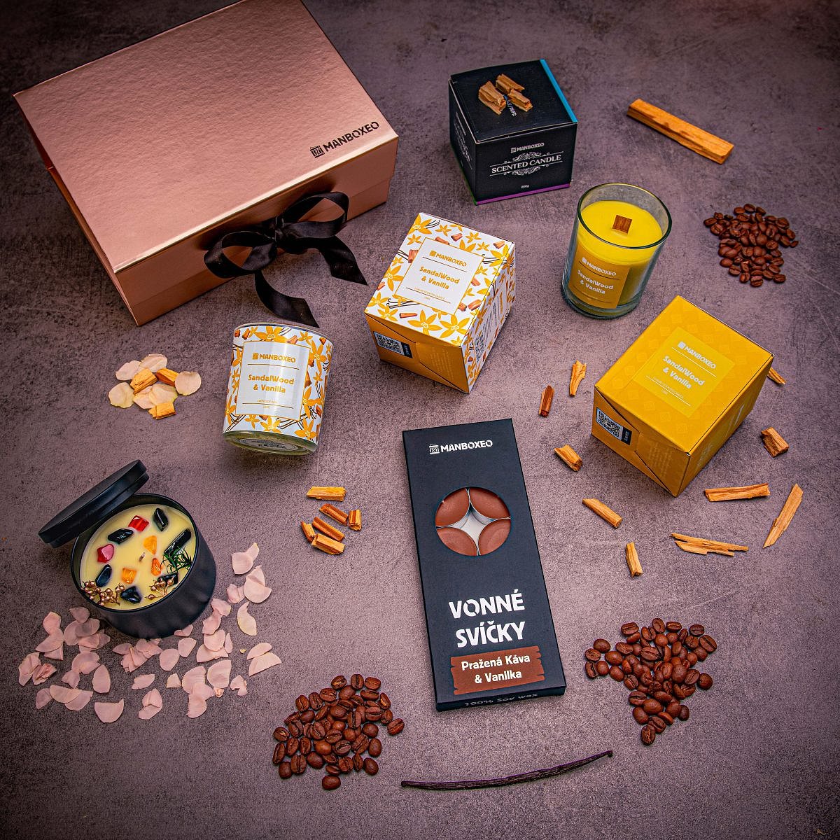 Luxusní box plný vůní vanilky (rose gold) - dárkový box | Dárek k narozeninám, svátku, výročí, vánocům pro muže, ženu | Dárkový koš, box, krabice, kra