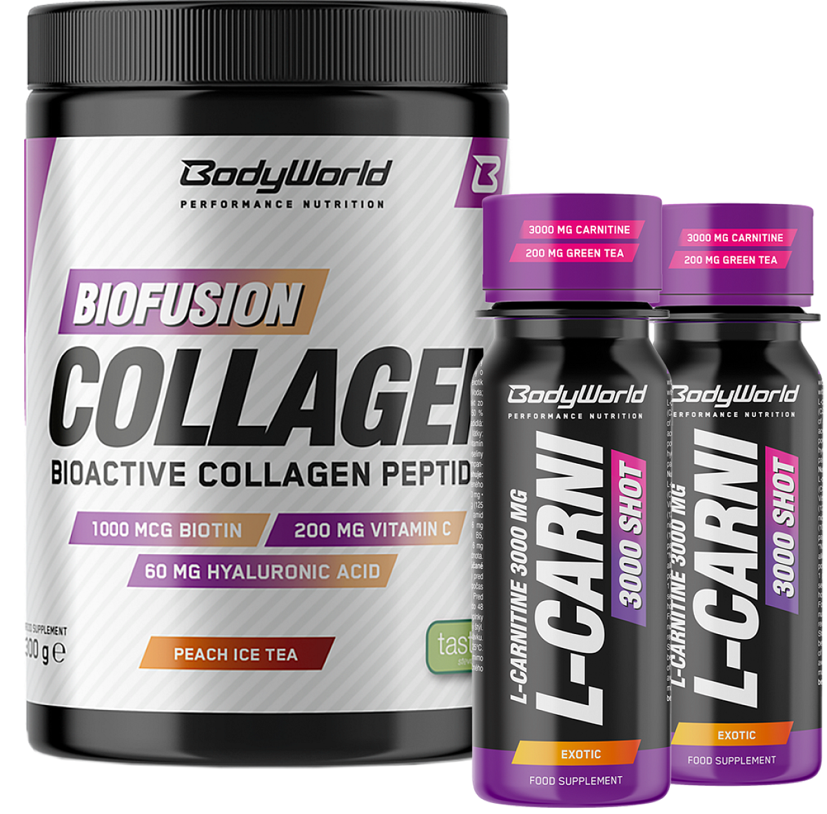 BodyWorld Biofusion Collagen 300 g broskvový ledový čaj + 2x L-Carnitine 3000 Shot 80 ml ZADARMO