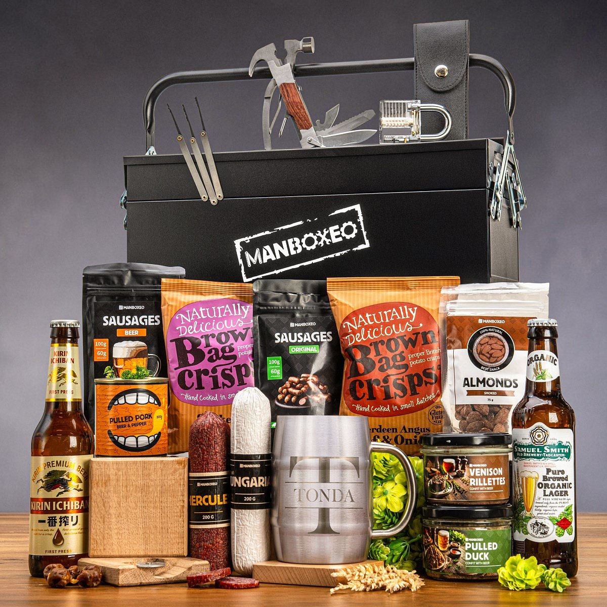 Toolboxeo plné ležáků + půllitr s gravírováním | Dárkový kufr na nářadí | Dárek pro muže, kutila, tátu, dědu | Dárek k narozeninám, výročí, vánocům | 