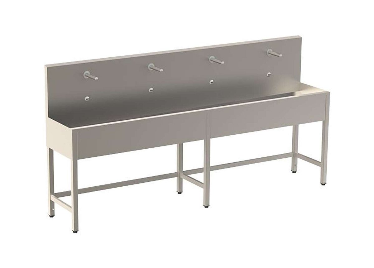 Sanela Nerezové dřezy - Celoopláštěný stojící mycí žlab 2500 mm, 4 senzorové baterie s termostatem, síťové napájení, antivandal, nerez SLUN 52ET