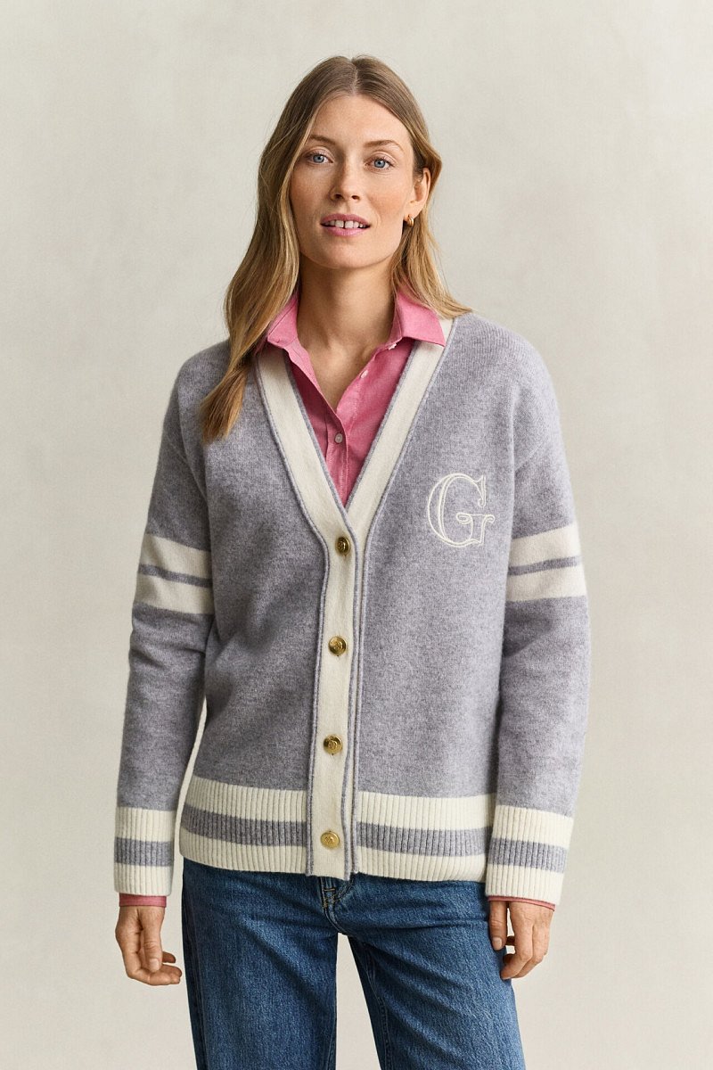 KARDIGÁN GANT VARISTY V-NECK CARDIGAN GREY MELANGE