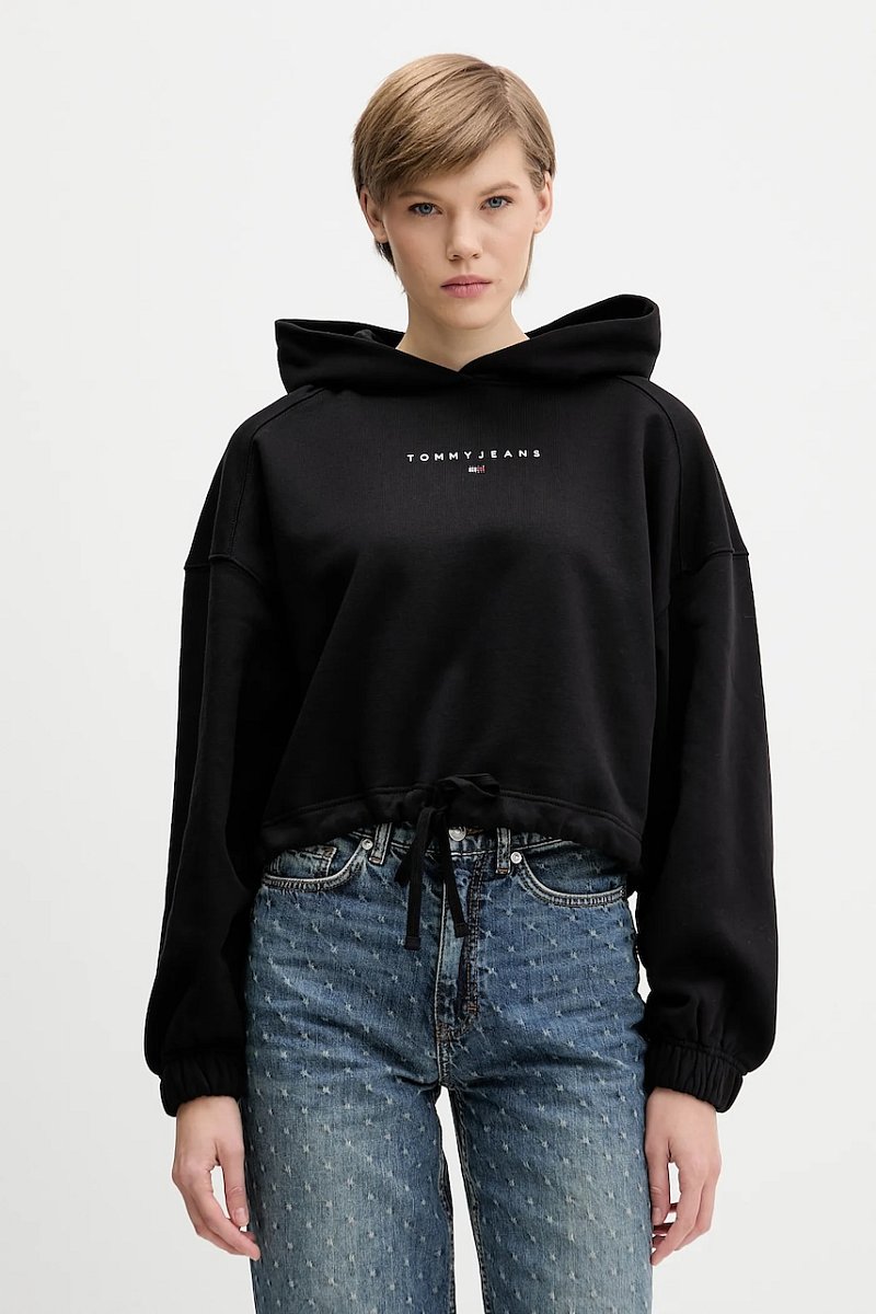 Bavlněná mikina Tommy Jeans dámská, černá barva, s kapucí, s potiskem, DW0DW21607