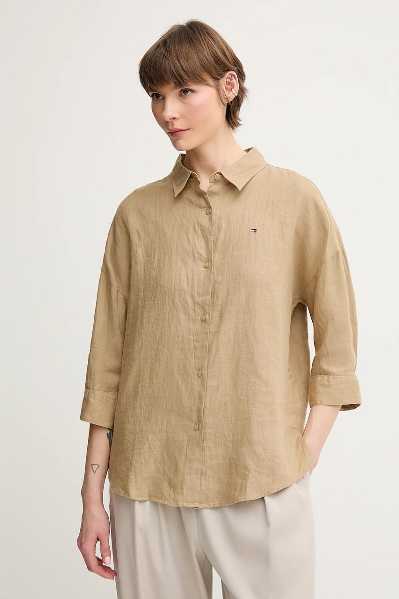 Lněná košile Tommy Hilfiger dámská, béžová barva, relaxed, s klasickým límcem, WW0WW46169