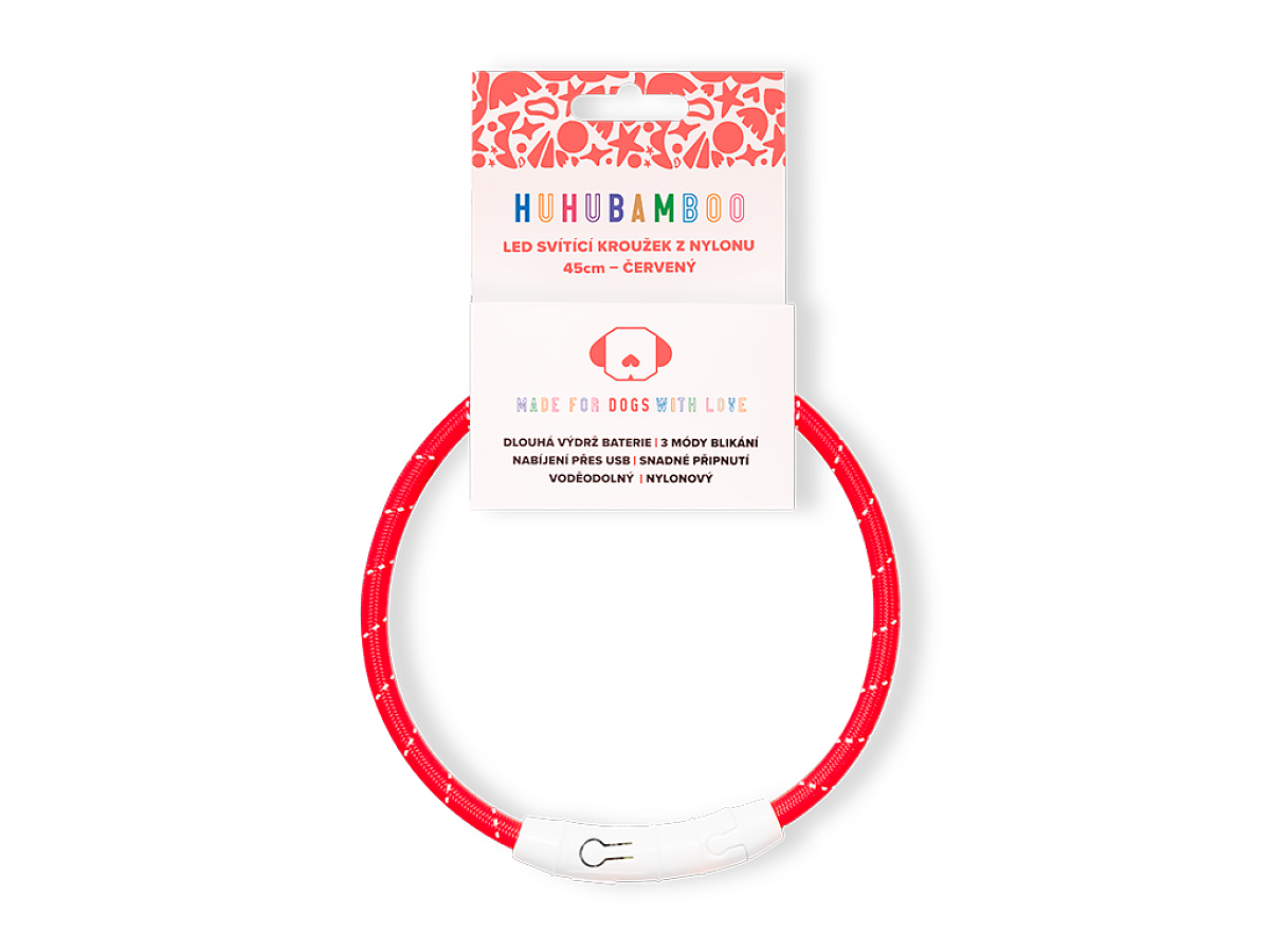 Huhubamboo LED svítící obojek z nylonu červený 45 cm