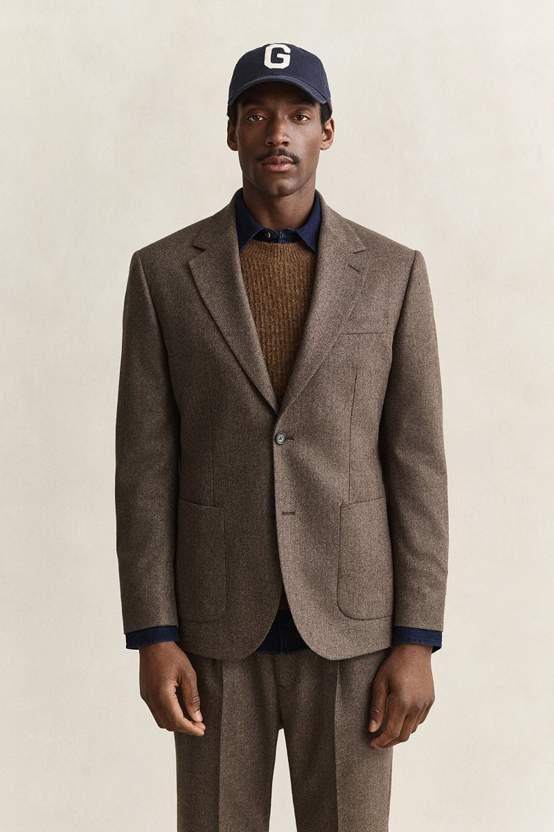 SAKO GANT WOOL HERRINGBONE SUIT JACKET BLACK BROWN
