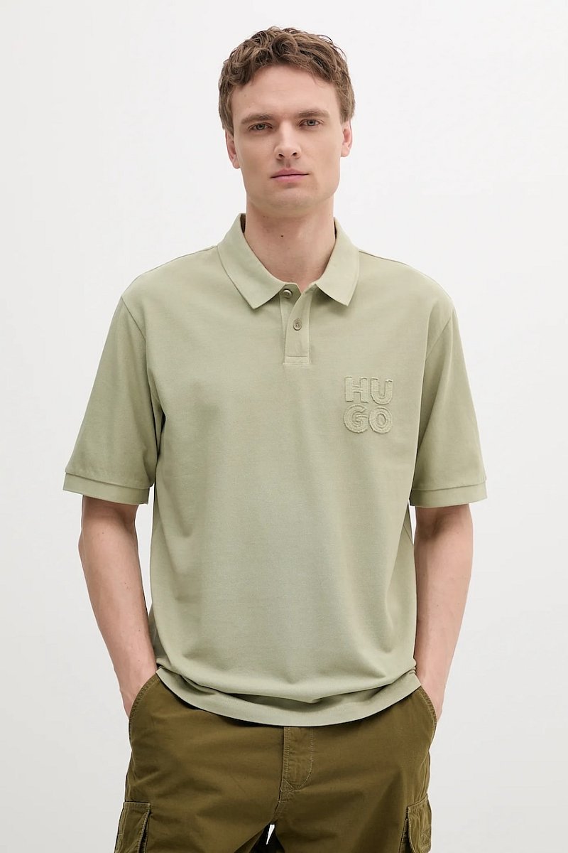 Bavlněné polo tričko HUGO pánské, zelená barva, 50535286