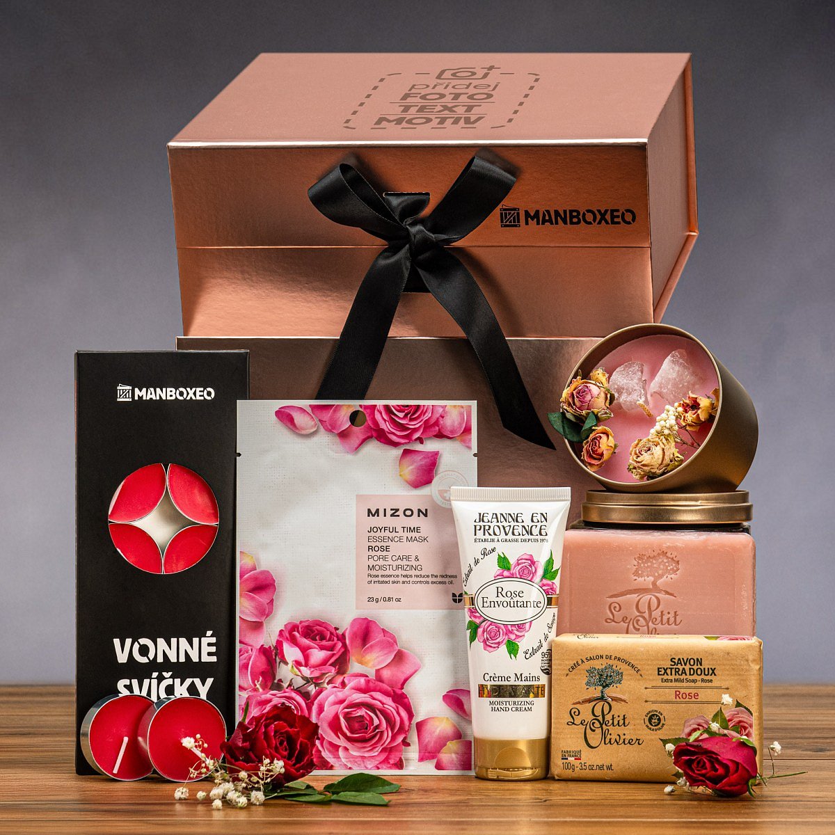 Luxusní box s kosmetikou Růže (rose gold) - dárkový box | Dárek k narozeninám, svátku, výročí, vánocům pro muže, ženu | Dárkový koš, box, krabice, kra