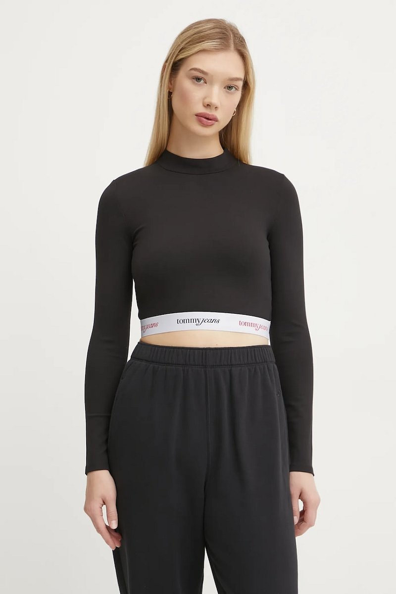 Tričko s dlouhým rukávem Tommy Jeans černá barva, s pologolfem, DW0DW19510