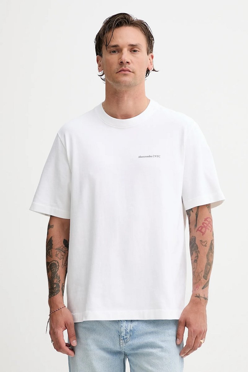 Bavlněné tričko Abercrombie & Fitch pánské, bílá barva, s potiskem, KI123-5060