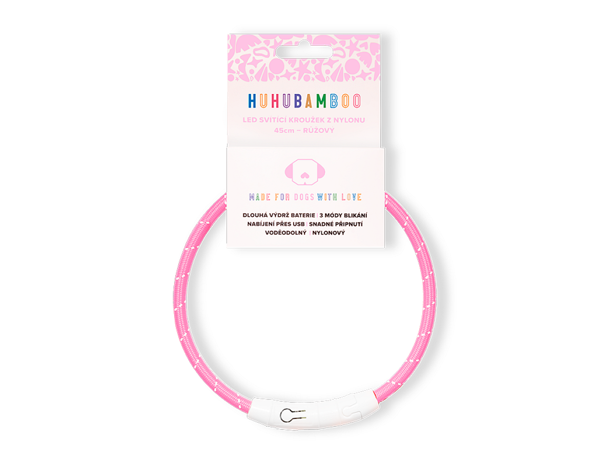 Huhubamboo LED svítící obojek z nylonu růžový 45 cm